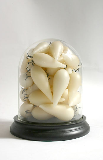 Clutch 2013; wax, fish hooks, glass dome