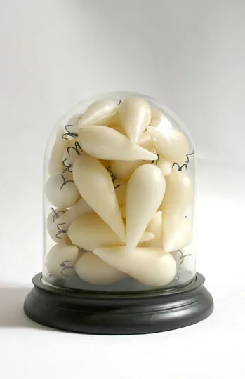 Clutch 2013; wax, fish hooks, glass dome