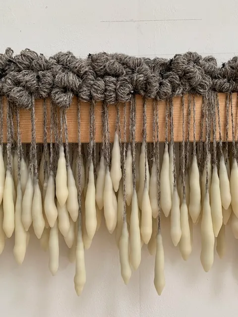Drop II, wax, wool, wood, elastic cord