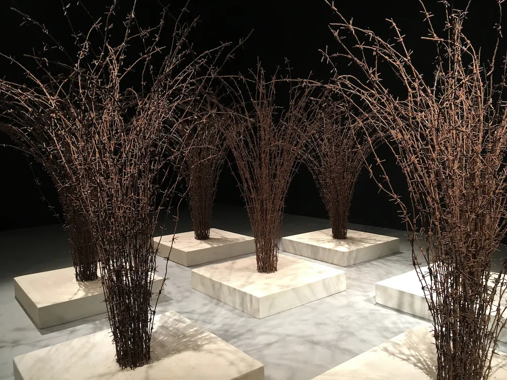 Host 2016; reclaimed military barbed wire, composite Portland stone; Installation view; Akbank Sanat; Istanbul 2018