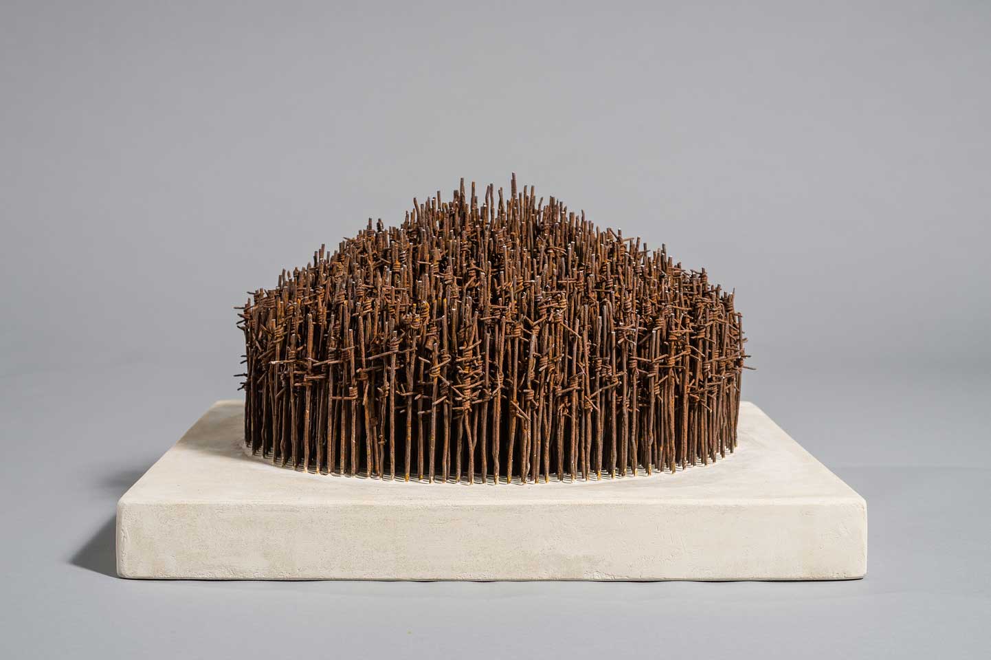 Palisade; reclaimed military barbed wire, composite portland stone; 2016