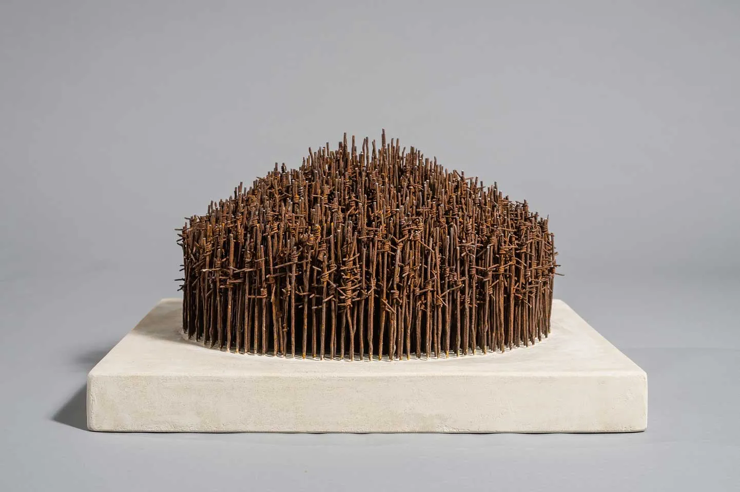 Palisade; reclaimed military barbed wire, composite portland stone; 2016