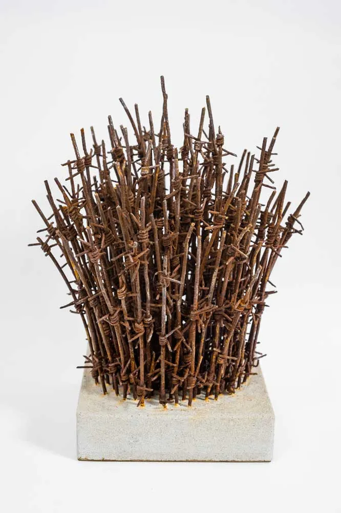 Snares of Enemies; reclaimed military barbed wire, composite portland stone; 2016